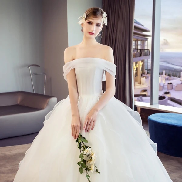 Elegant Ivory Wedding Dresses 2018 Ball Gown Ruffle Off-The-Shoulder Short Sleeve Floor-Length / Long Wedding
