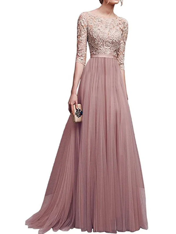 Modest / Simple Navy Blue Maxi Dresses 2018 A-Line / Princess Lace Sash Scoop Neck 1/2 Sleeves Floor-Length / Long Womens Clothing