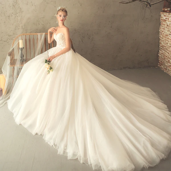 Mote Champagne Brudekjoler 2018 Prinsesse Appliques Blonder Kjæreste Ryggløse Uten Ermer Chapel Train Bryllup