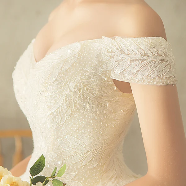 Elegant Champagne Wedding Dresses 2018 Ball Gown Lace Sequins Off-The-Shoulder Backless Short Sleeve Chapel Train Wedding