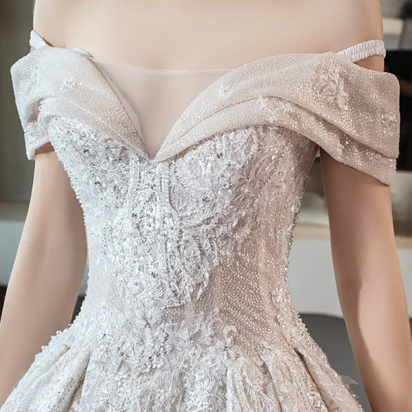 Luxury / Gorgeous Champagne Wedding Dresses 2018 Ball Gown Lace Beading Pearl Sequins Off-The-Shoulder Backless Short Sleeve Royal Train Wedding