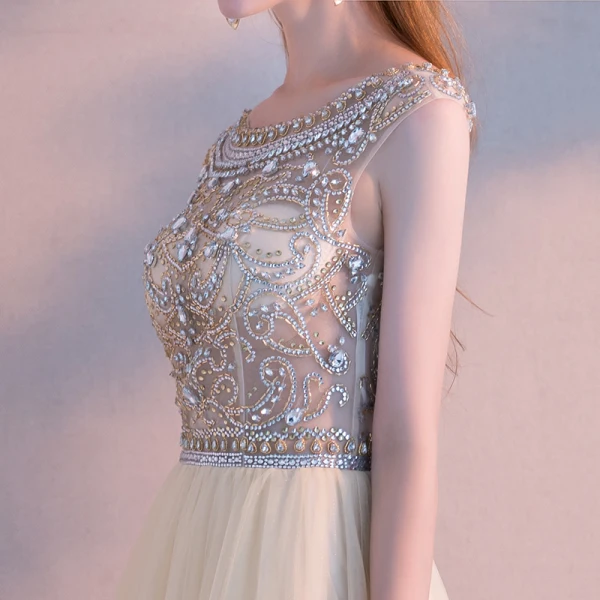 Modern / Fashion Champagne Evening Dresses 2018 A-Line / Princess Crystal Rhinestone Scoop Neck Backless Short Sleeve Floor-Length / Long Formal Dresses
