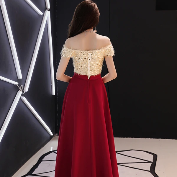 Modern / Fashion Burgundy Evening Dresses 2018 A-Line / Princess Tassel Sequins Off-The-Shoulder Backless Short Sleeve Ankle Length Formal Dresses