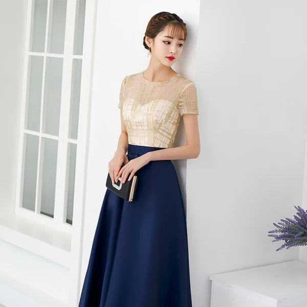 Chic / Beautiful Navy Blue Evening Dresses  2018 A-Line / Princess Sequins Scoop Neck Short Sleeve Ankle Length Formal Dresses