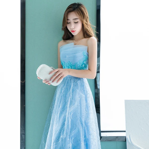 Chic / Beautiful Pool Blue Evening Dresses 2018 A-Line / Princess Lace Flower Rhinestone Sequins Strapless Backless Sleeveless Floor-Length / Long Formal Dresses