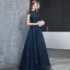 Chic / Beautiful Navy Blue Evening Dresses  2018 A-Line / Princess Lace Crystal Scoop Neck Backless Cap Sleeves Floor-Length / Long Formal Dresses