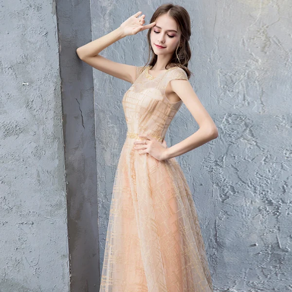 Chic / Beautiful Beige Evening Dresses  2018 A-Line / Princess Beading Backless Pearl Sequins Scoop Neck Sleeveless Floor-Length / Long Formal Dresses