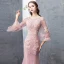 Modern / Fashion Candy Pink Evening Dresses  2018 Trumpet / Mermaid Lace Flower Appliques Beading Pearl Sequins Scoop Neck Backless 3/4 Sleeve Sweep Train Formal Dresses