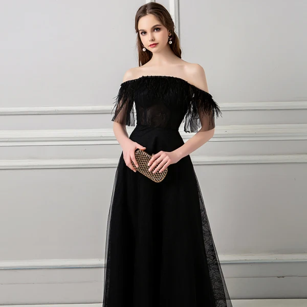 Amazing / Unique Black Evening Dresses  2018 A-Line / Princess Tassel Pearl Off-The-Shoulder Backless Short Sleeve Sweep Train Formal Dresses