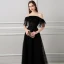 Amazing / Unique Black Evening Dresses  2018 A-Line / Princess Tassel Pearl Off-The-Shoulder Backless Short Sleeve Sweep Train Formal Dresses