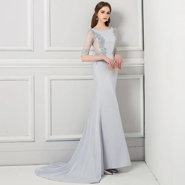 Modern / Fashion Grey Evening Dresses 2018 Trumpet / Mermaid Beading Lace Flower Pearl Rhinestone Scoop Neck 1/2 Sleeves Sweep Train Formal Dresses