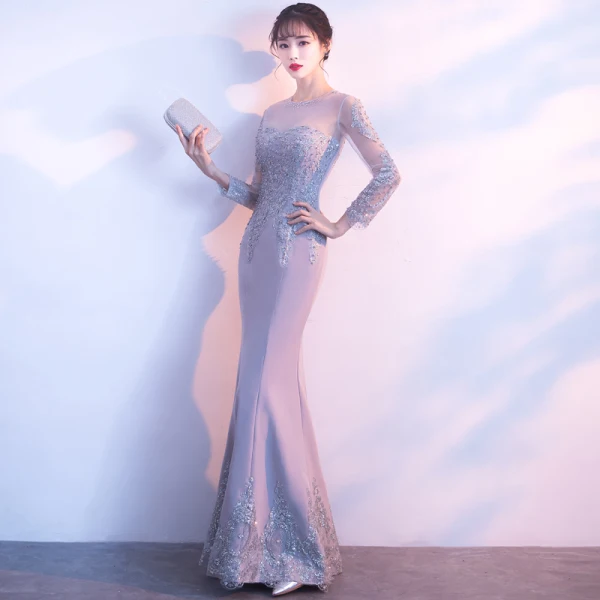 Elegant Grey Evening Dresses  2018 Trumpet / Mermaid Lace Flower Beading Pearl Scoop Neck Long Sleeve Floor-Length / Long Formal Dresses