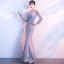 Elegant Grey Evening Dresses  2018 Trumpet / Mermaid Lace Flower Beading Pearl Scoop Neck Long Sleeve Floor-Length / Long Formal Dresses