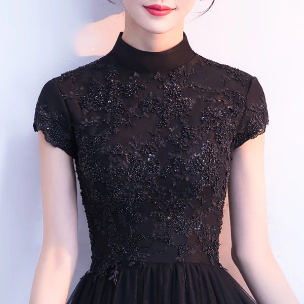Modern / Fashion Black Evening Dresses 2018 A-Line / Princess Beading Crystal Lace Flower Sequins High Neck Short Sleeve Backless Floor-Length / Long Formal Dresses