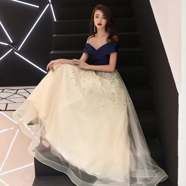 Elegant Champagne Prom Dresses 2018 A-Line / Princess Sequins Off-The-Shoulder Backless Short Sleeve Floor-Length / Long Formal Dresses