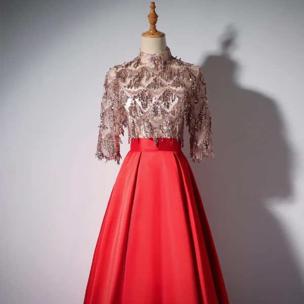Luxury / Gorgeous Red Evening Dresses  2018 A-Line / Princess Sequins Beading Tassel High Neck 3/4 Sleeve Floor-Length / Long Formal Dresses