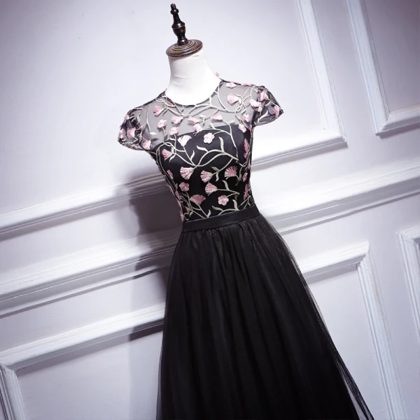 Chic / Beautiful Black Evening Dresses 2018 A-Line / Princess Lace Flower Scoop Neck Cap Sleeves Floor-Length / Long Formal Dresses