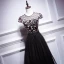 Chic / Beautiful Black Evening Dresses  2018 A-Line / Princess Lace Flower Scoop Neck Cap Sleeves Floor-Length / Long Formal Dresses