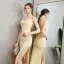 Sexy Champagne Robe De Soirée 2018 Trompette / Sirène Fendue devant Bretelles Spaghetti Fond croisé plongeant Dos Nu Sans Manches Longue Robe De Ceremonie