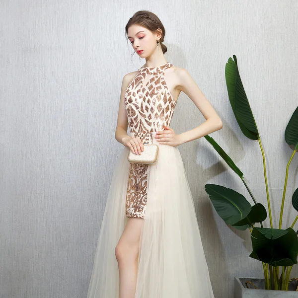 Modern / Fashion Champagne Evening Dresses 2018 A-Line / Princess Sequins Scoop Neck Strapless Sleeveless Ankle Length Formal Dresses