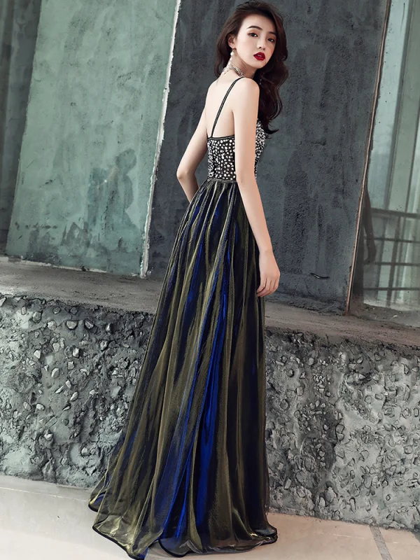 Modern / Fashion Black Evening Dresses 2018 A-Line / Princess Beading Sequins Spaghetti Straps Backless Sleeveless Floor-Length / Long Formal Dresses