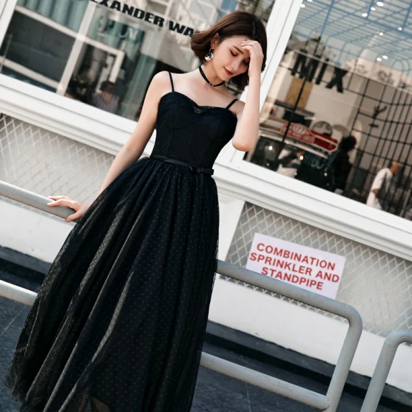 Chic / Beautiful Black Prom Dresses 2018 A-Line / Princess Spotted Bow Spaghetti Straps Backless Sleeveless Ankle Length Formal Dresses
