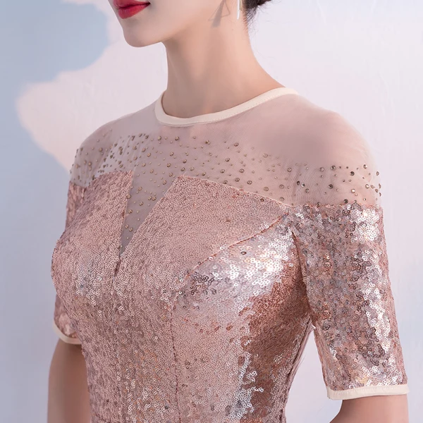 Sparkly Champagne Evening Dresses 2018 Trumpet / Mermaid Sequins Rhinestone Scoop Neck 1/2 Sleeves Floor-Length / Long Formal Dresses