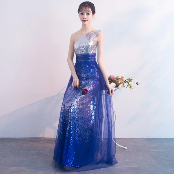 Glitzernden Königliches Blau Abendkleider 2018 A Linie Pailletten One-Shoulder Ärmellos Rückenfreies Lange Festliche Kleider