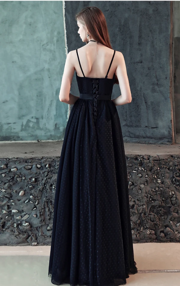 Chic / Belle Noire Robe De Bal 2018 Princesse Noeud Tachetée Bretelles Spaghetti Dos Nu Sans Manches Longue Robe De Ceremonie
