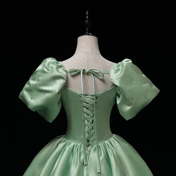Elegant Sage Green Satin Prom Dresses 2022 Square Neckline Puffy Short Sleeve Bow Backless Floor-Length / Long Formal Dresses Prom