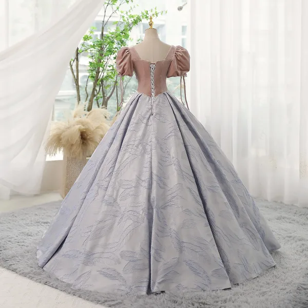 Elegant Blushing Pink Prom Dresses 2023 Ball Gown Square Neckline Short Sleeve Backless Floor-Length / Long Prom Formal Dresses