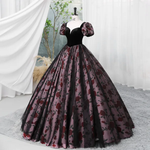 Vintage / Retro Rose Black Prom Dresses 2023 Ball Gown Square Neckline Short Sleeve Backless Floor-Length / Long Prom Formal Dresses