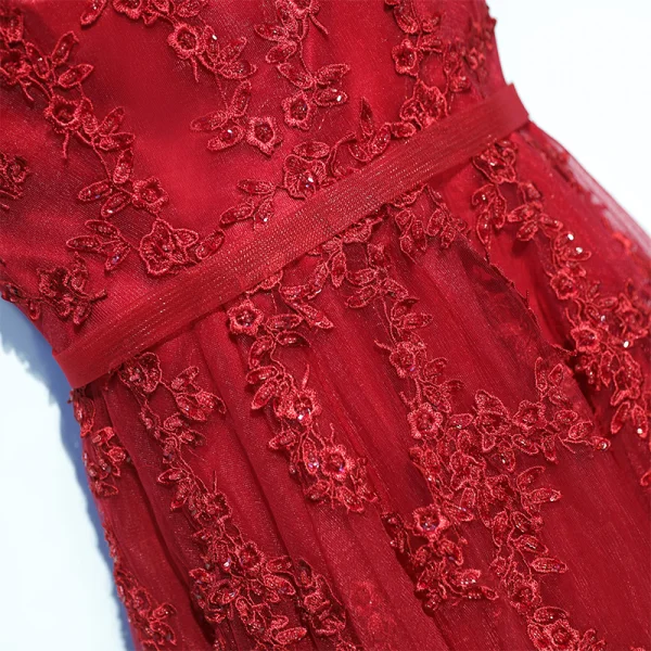 Chic / Beautiful Red Formal Dresses Evening Dresses  2017 Lace Flower V-Neck Sleeveless A-Line / Princess