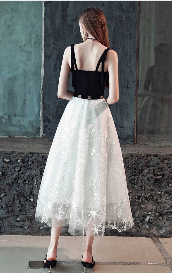 Elegant Black Prom Dresses 2018 A-Line / Princess Rhinestone Star Spaghetti Straps Sleeveless Backless Tea-length Formal Dresses