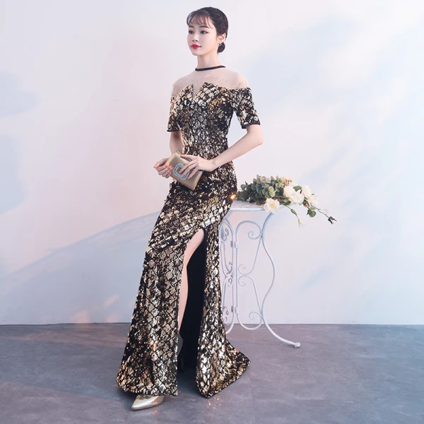Sparkly Black Gold Evening Dresses 2018 Trumpet / Mermaid Sequins Rhinestone Scoop Neck Short Sleeve Floor-Length / Long Formal Dresses