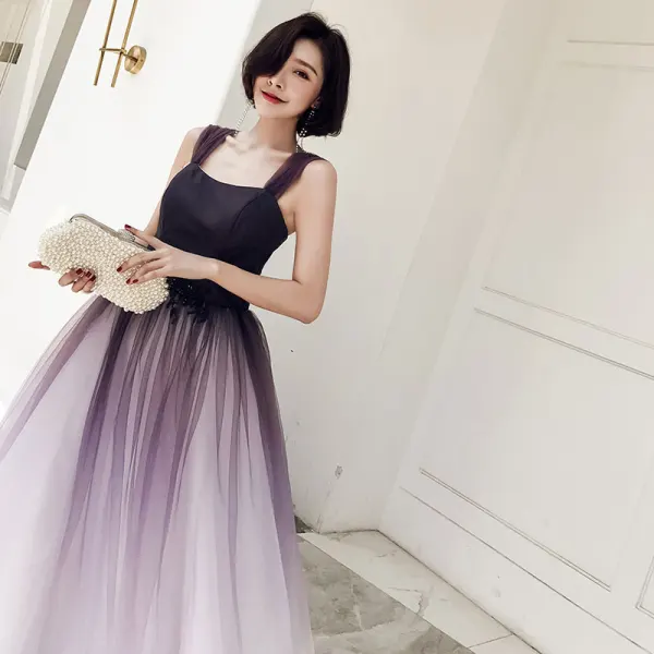 Chic / Belle Grape Dégradé De Couleur Robe De Bal 2018 Princesse Encolure Carrée Sans Manches Dos Nu Longue Robe De Ceremonie