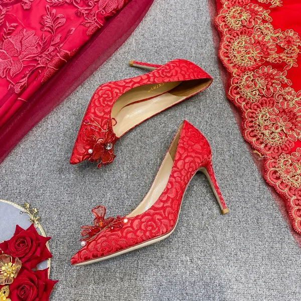 Chinese style Red Lace Flower Wedding Shoes 2021 Leather Rhinestone 9 cm Stiletto Heels Pointed Toe Wedding Pumps High Heels