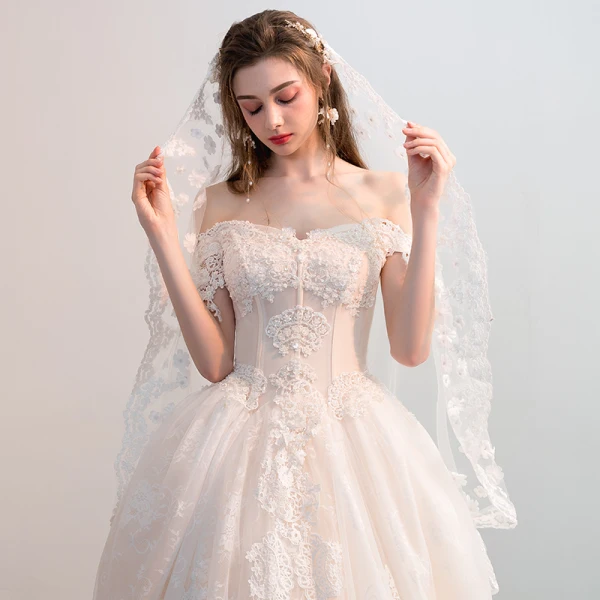 Luxury / Gorgeous Champagne Wedding Dresses 2018 A-Line / Princess Appliques Lace Beading Pearl Off-The-Shoulder Backless Short Sleeve Cathedral Train Wedding