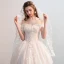 Luxury / Gorgeous Champagne Wedding Dresses 2018 A-Line / Princess Appliques Lace Beading Pearl Off-The-Shoulder Backless Short Sleeve Cathedral Train Wedding