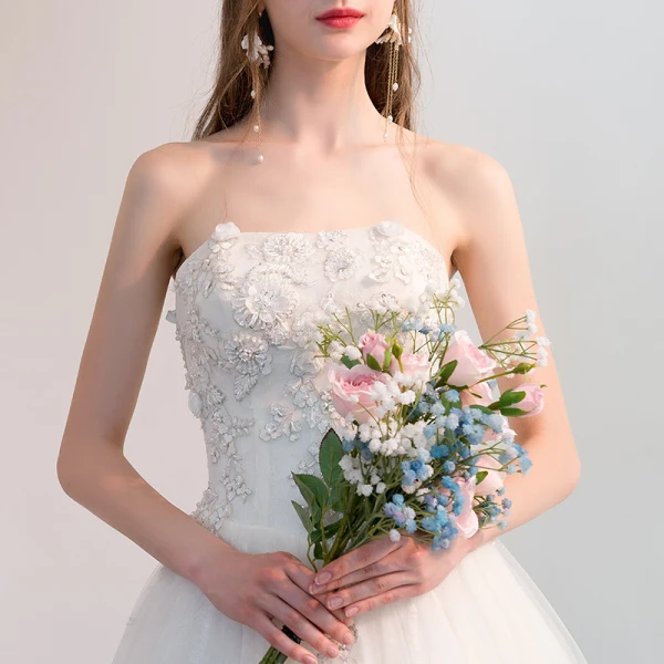 Chic / Beautiful Ivory Wedding Dresses 2018 A-Line / Princess Lace Flower Appliques Beading Crystal Strapless Backless Sleeveless Cathedral Train Wedding