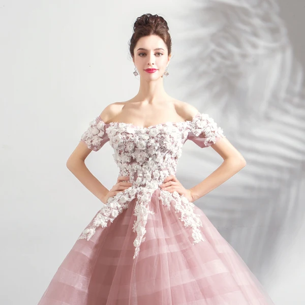 Elegant Blushing Pink Prom Dresses 2018 Ball Gown Lace Flower Appliques Pearl Sequins Off-The-Shoulder Backless Short Sleeve Floor-Length / Long Formal Dresses