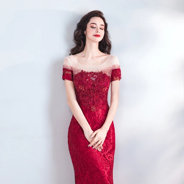 Luxury / Gorgeous Burgundy Evening Dresses 2018 Trumpet / Mermaid Beading Crystal Rhinestone Pearl Lace Flower Scoop Neck Backless Short Sleeve Floor-Length / Long Formal Dresses