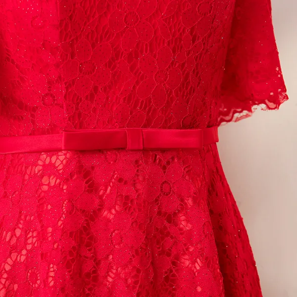 Chic / Belle Rouge Robe De Soirée 2017 Princesse En Dentelle Noeud Col Haut Bustier Dos Nu Manches Courtes Longueur Cheville Soirée