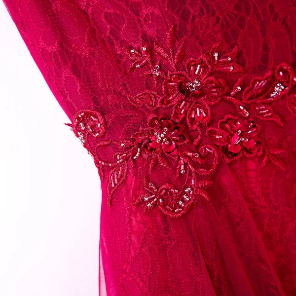 Chic / Belle Rouge Robe De Soirée 2017 Princesse Dentelle Perlage De l'épaule Dos Nu Manches Courtes Longueur Cheville Soirée