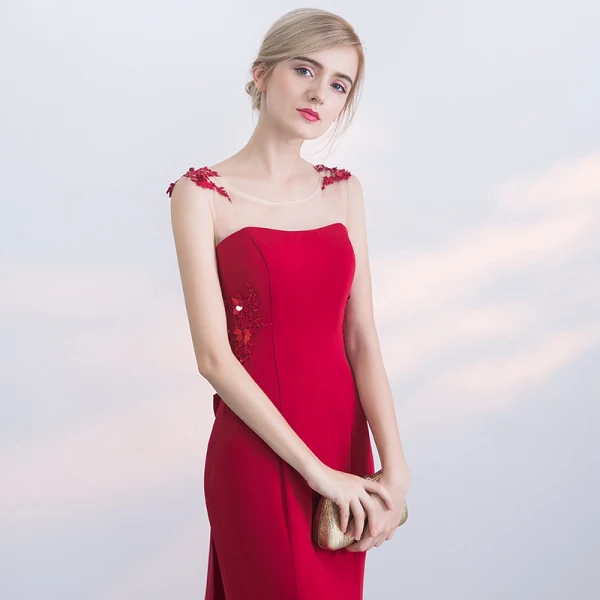 Chic / Beautiful Red Evening Dresses 2017 Trumpet / Mermaid Zipper Up Beading Bow Lace Flower Sequins Sleeveless Scoop Neck Court Train Evening Party