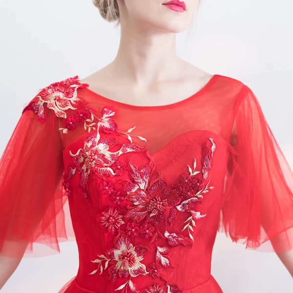 Chic / Beautiful Red Evening Dresses  2017 A-Line / Princess Appliques Lace Flower Crossed Straps Beading Scoop Neck Backless 1/2 Sleeves Floor-Length / Long Evening Party