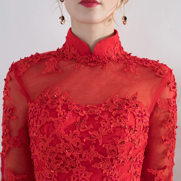 Chic / Beautiful Red Evening Dresses 2017 A-Line / Princess Lace Flower Appliques Beading High Neck Backless Crossed Straps 3/4 Sleeve Floor-Length / Long Evening Party