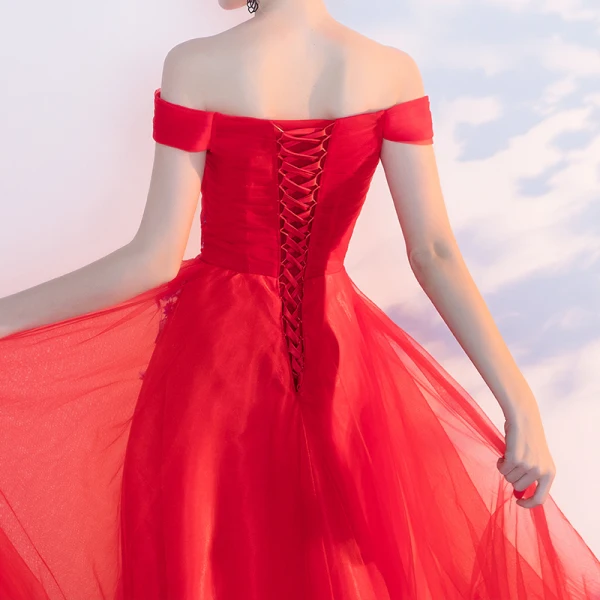 Chic / Beautiful Red Evening Dresses 2017 A-Line / Princess Appliques Beading Backless Crossed Straps Off-The-Shoulder Sleeveless Floor-Length / Long Evening Party