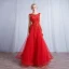 Chic / Beautiful Red Evening Dresses  2017 A-Line / Princess Lace Flower Square Neckline Sleeveless Crossed Straps Floor-Length / Long Evening Party