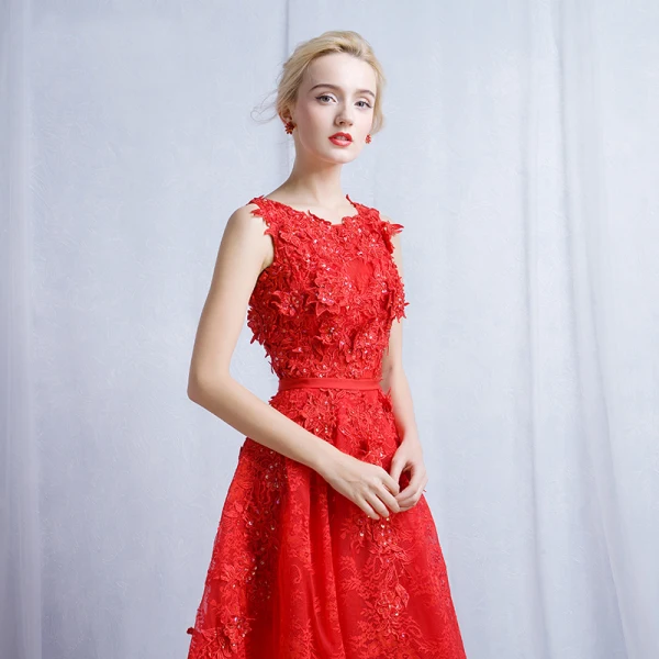 Chic / Beautiful Red Evening Dresses 2017 A-Line / Princess Appliques Lace Flower Sequins Scoop Neck Zipper Up Sleeveless Evening Party
